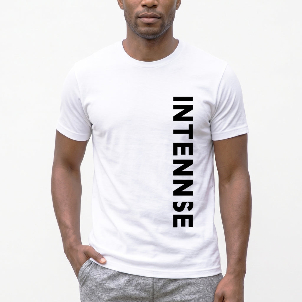 Man wearing a white t-shirt with 'INTENSE' printed vertically on a white background