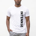 Man wearing a white t-shirt with 'INTENSE' printed vertically on a white background