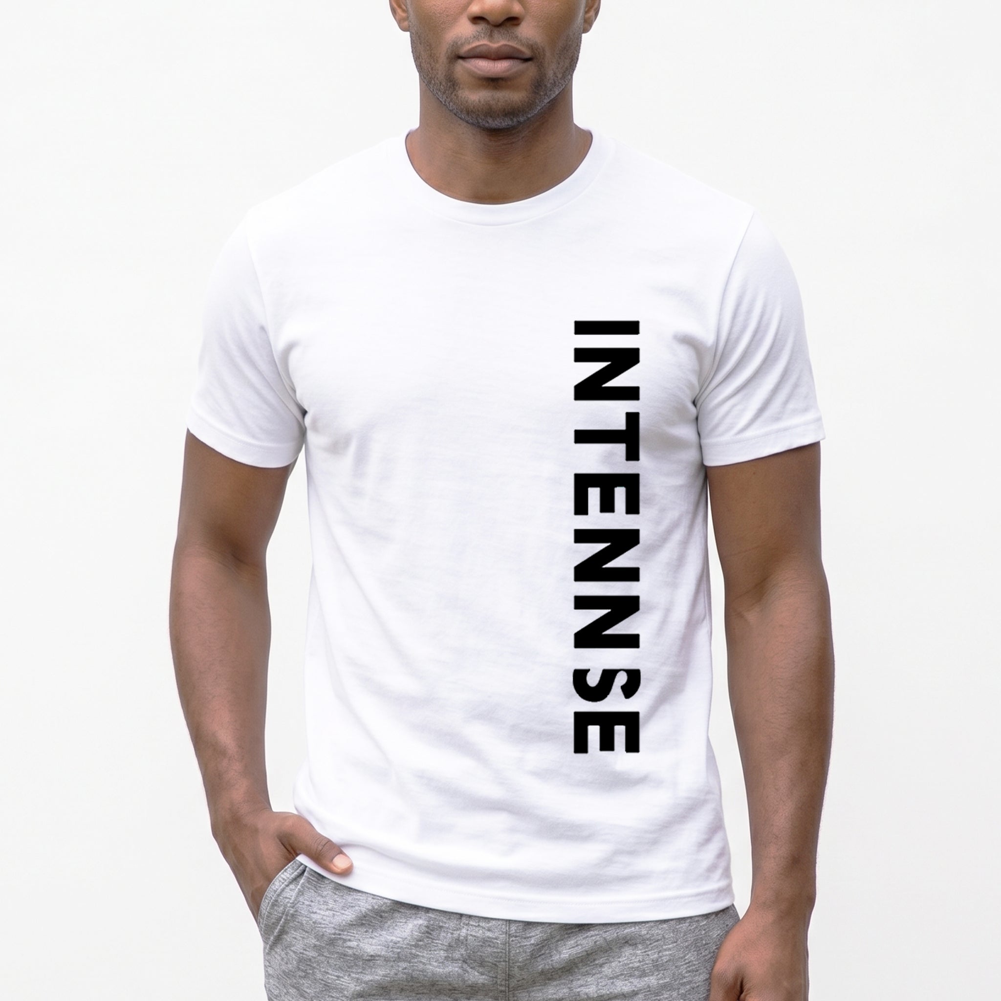 Man wearing a white t-shirt with 'INTENSE' printed vertically on a white background